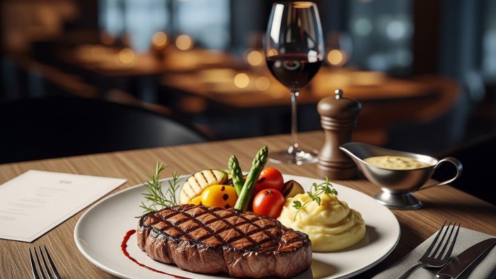 Juicy grilled steak with sides served in a modern steakhouse setting