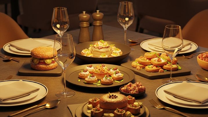 3D render of new restaurant menu items including drinks Platypus Punch Puggle Splash Three Cheese Spinach Dip and sirloin steak sandwich with limited-time offers display