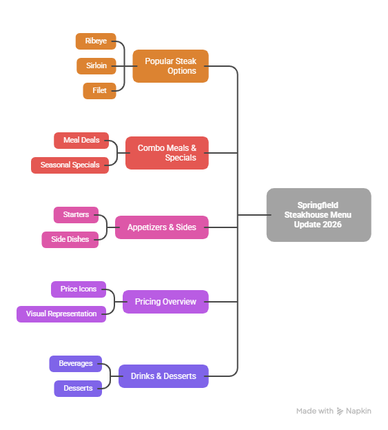 Infographic showing Springfield steakhouse menu guide 2026 with popular dishes and categories